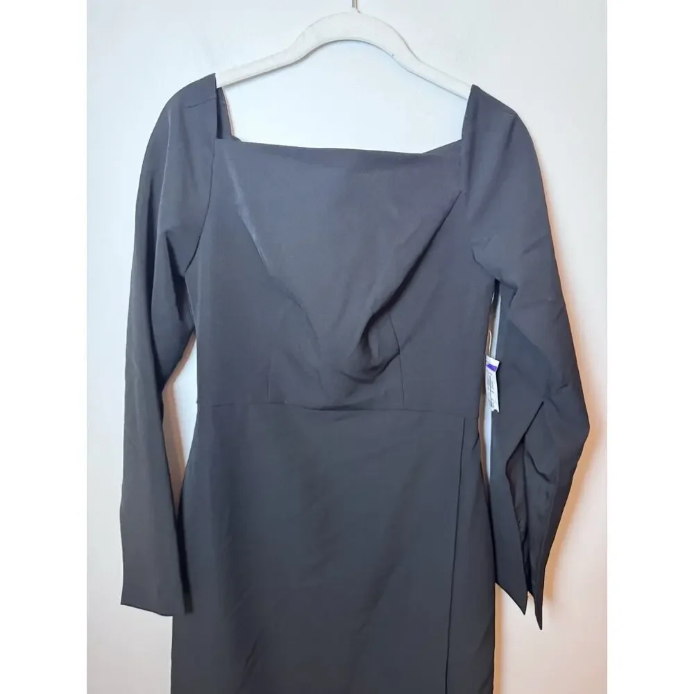 Kay Unger Black Midi Dress Split Sleeve Slit On Leg Sz 4 NEW